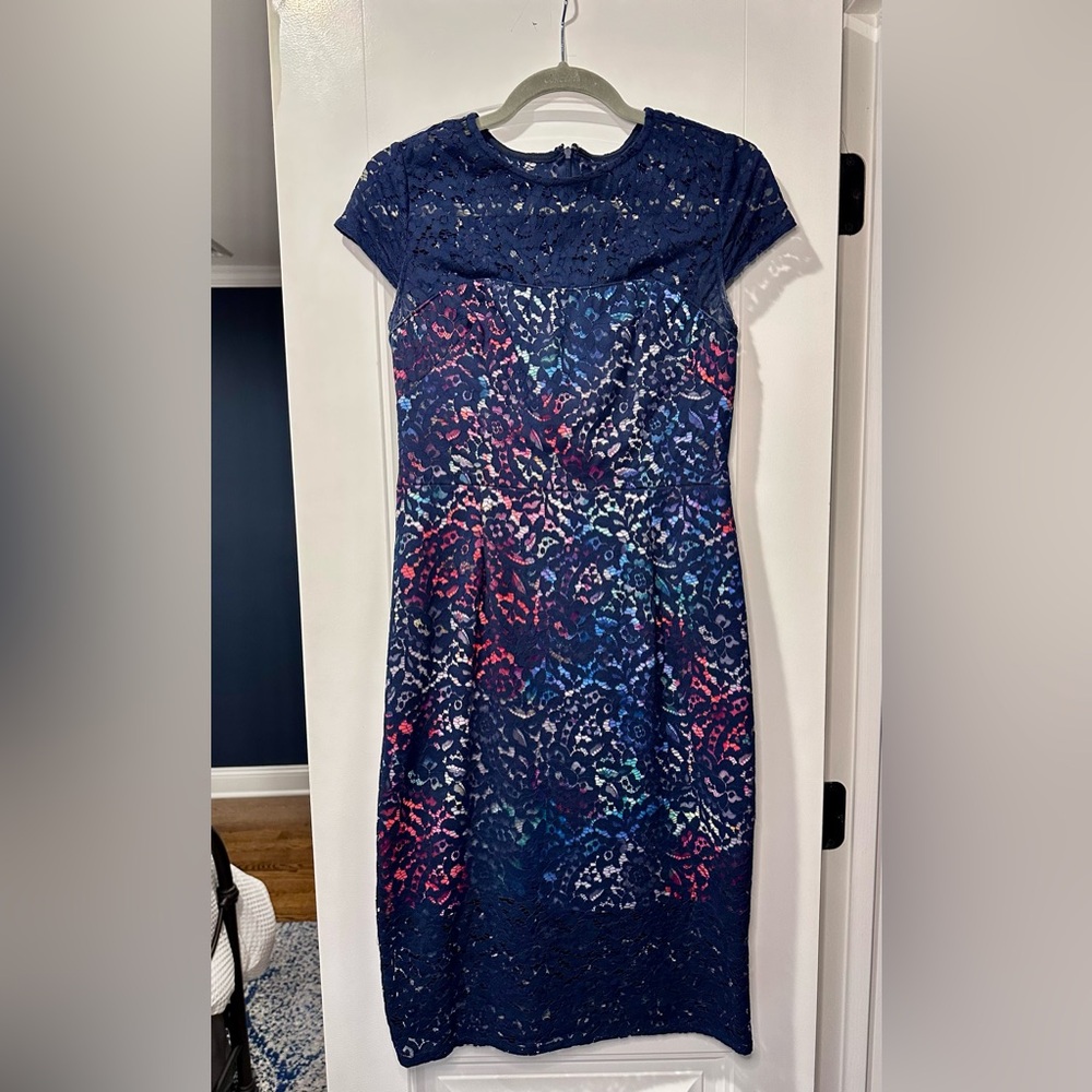 Betsy Johnson Navy blue lace overlay dress. Knee length -Size 6